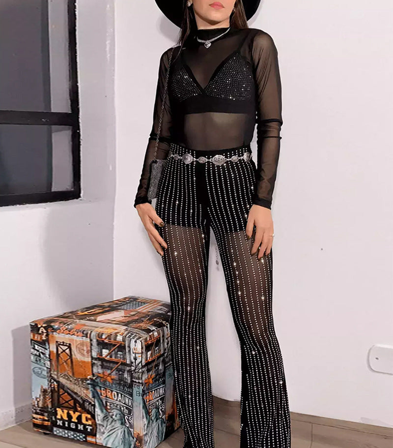 Women's black sexy See-Through Mesh Beaded high waist Tight Fitting Bell Bottom pants 5