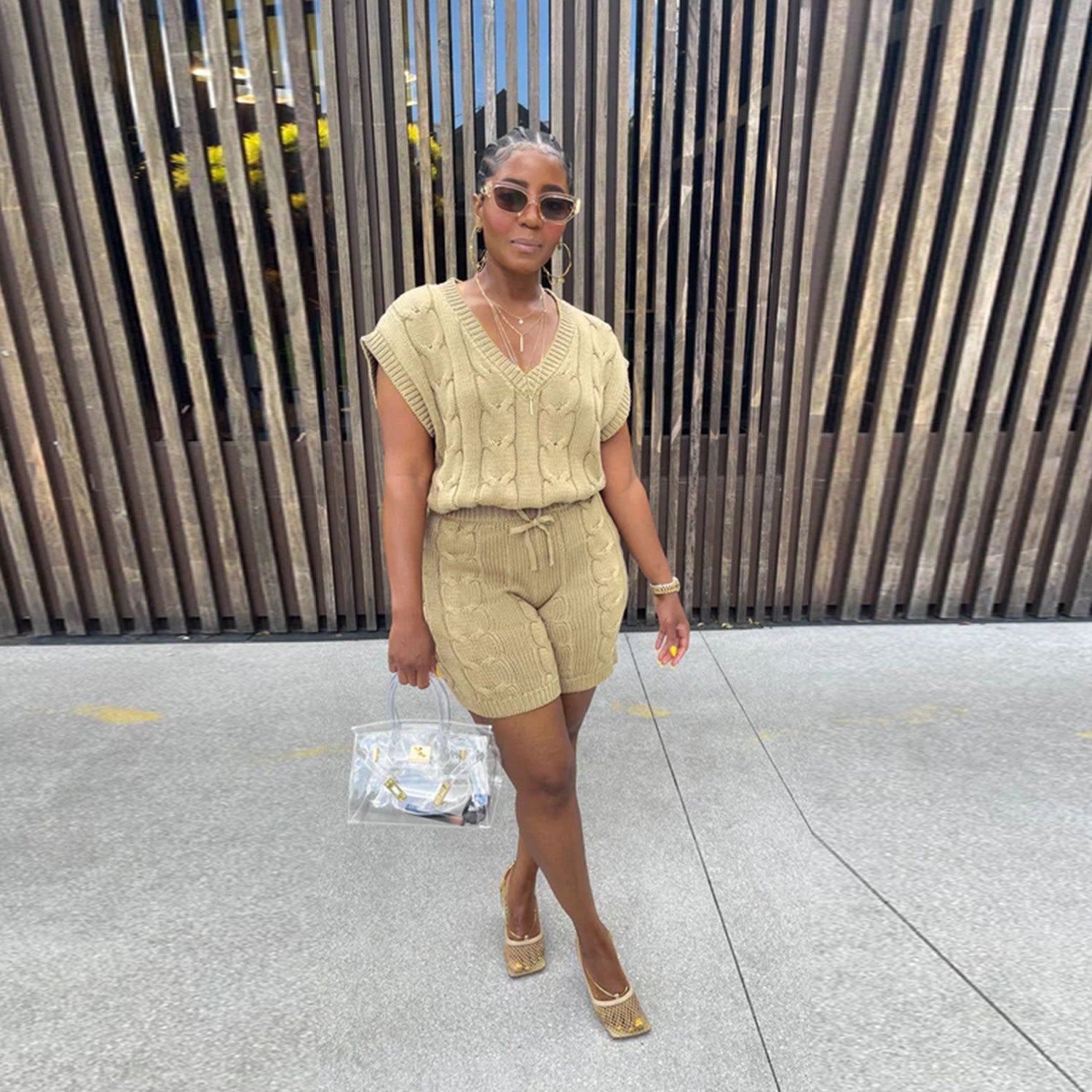 Sexy Solid Deep V Neck Sleeveless Loose Sweater Slim Shorts Two Piece Set 10