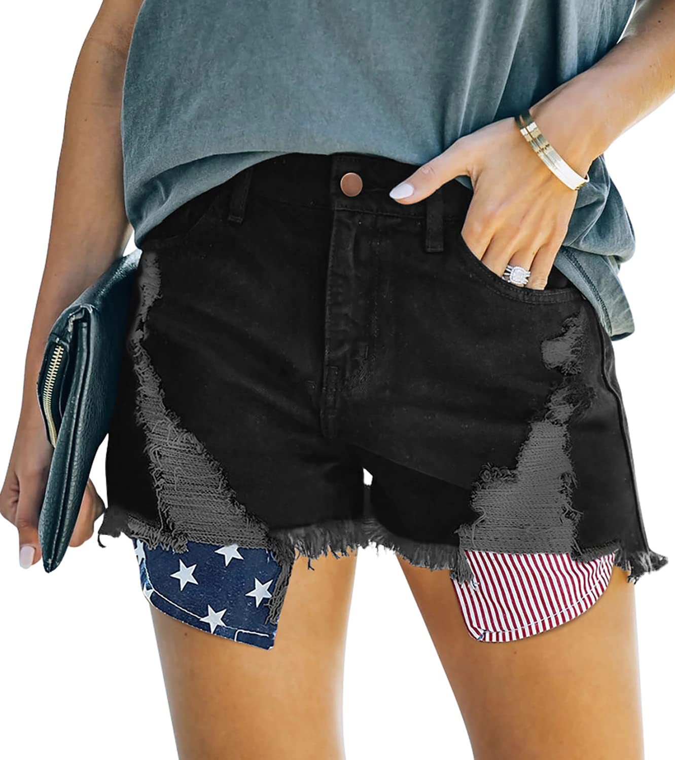 Women American Flag Ripped Tassel Denim Shorts 4