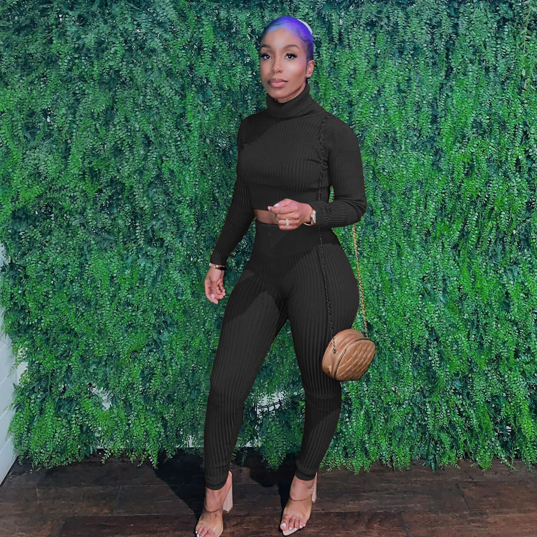 Women's Winter Fashionable solid knitting Long Sleeve Two Piece Pants set 4