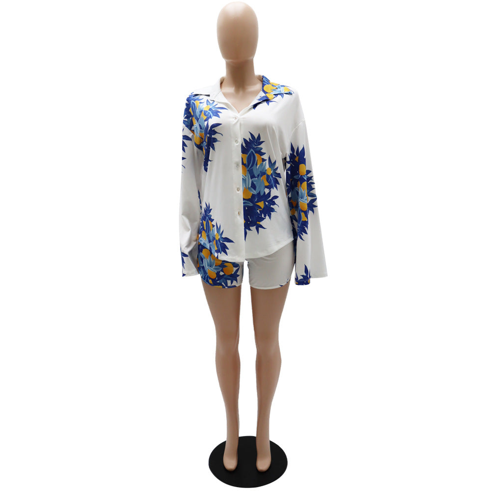 Printed Long Sleeve Shirt Shorts Spring Summer Casual Set Career Women's Two-Piece Set 11