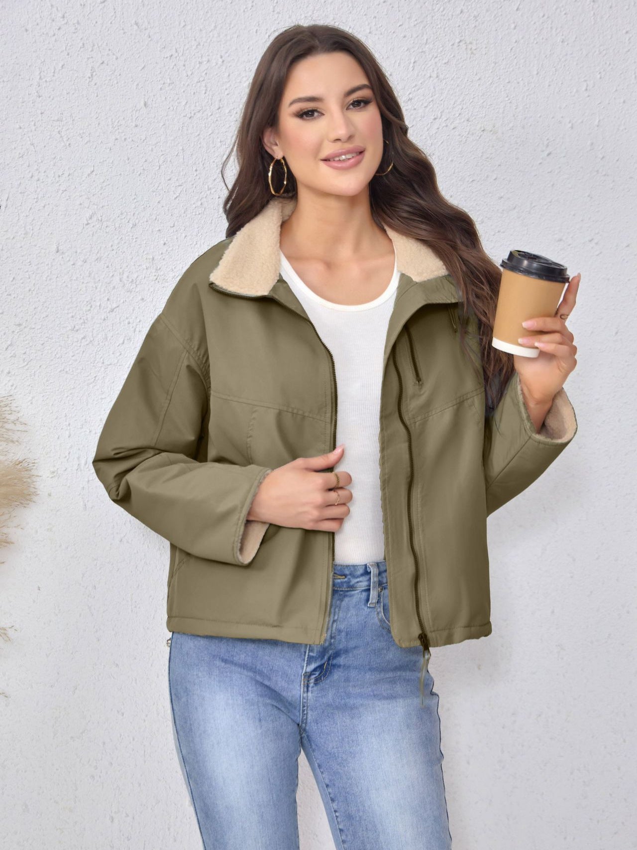 Stand Collar Fleece Women's Coat Winter Trendy Loose Jacket Short Outerwear 6