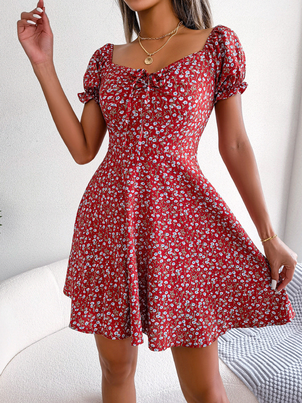 Women Casual Bell Bottom Sleeve Drawstring Floral Dress 3