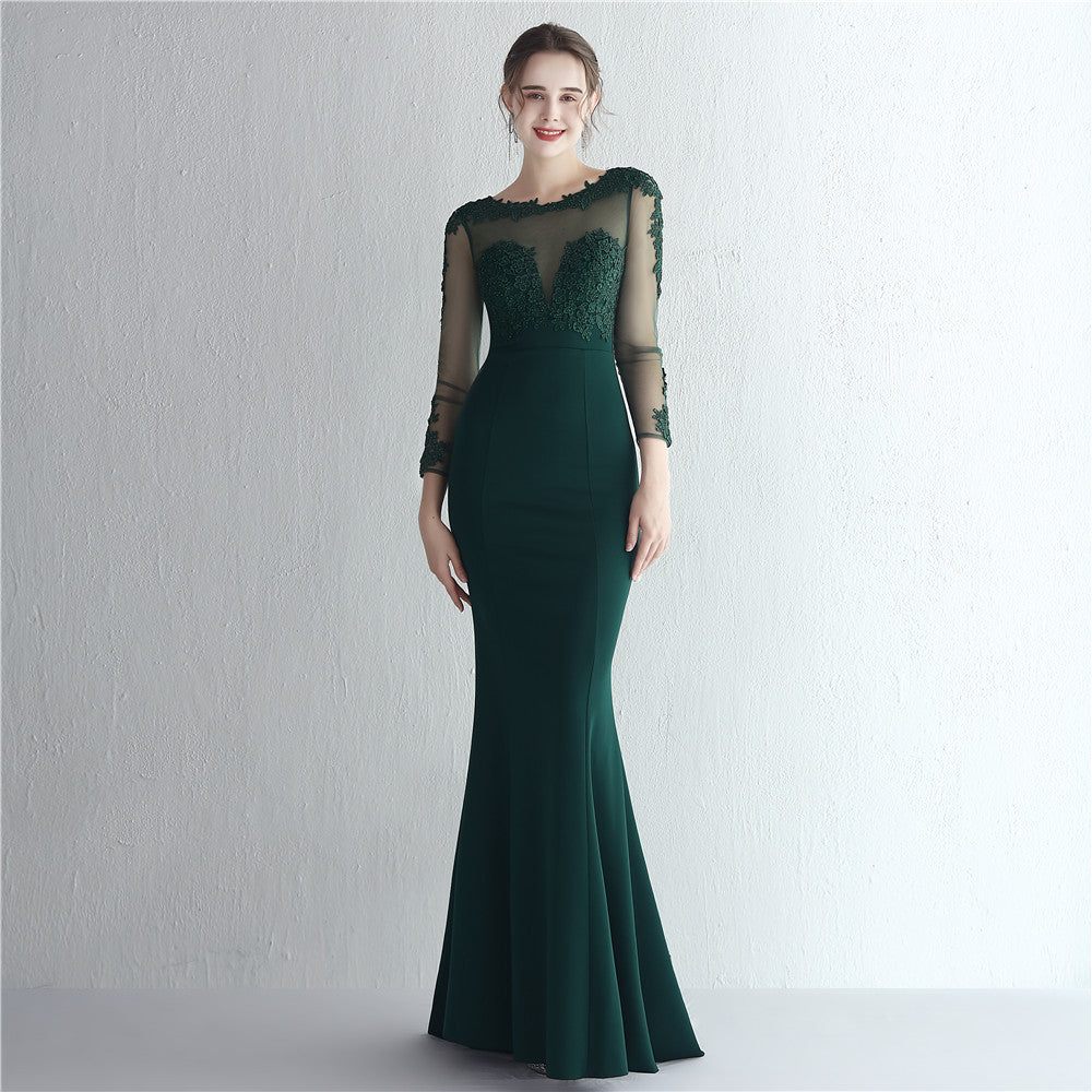 Satin Beaded Lace Patchwork Long Sleeve Bridal Mermaid Formal Evening Dress 4
