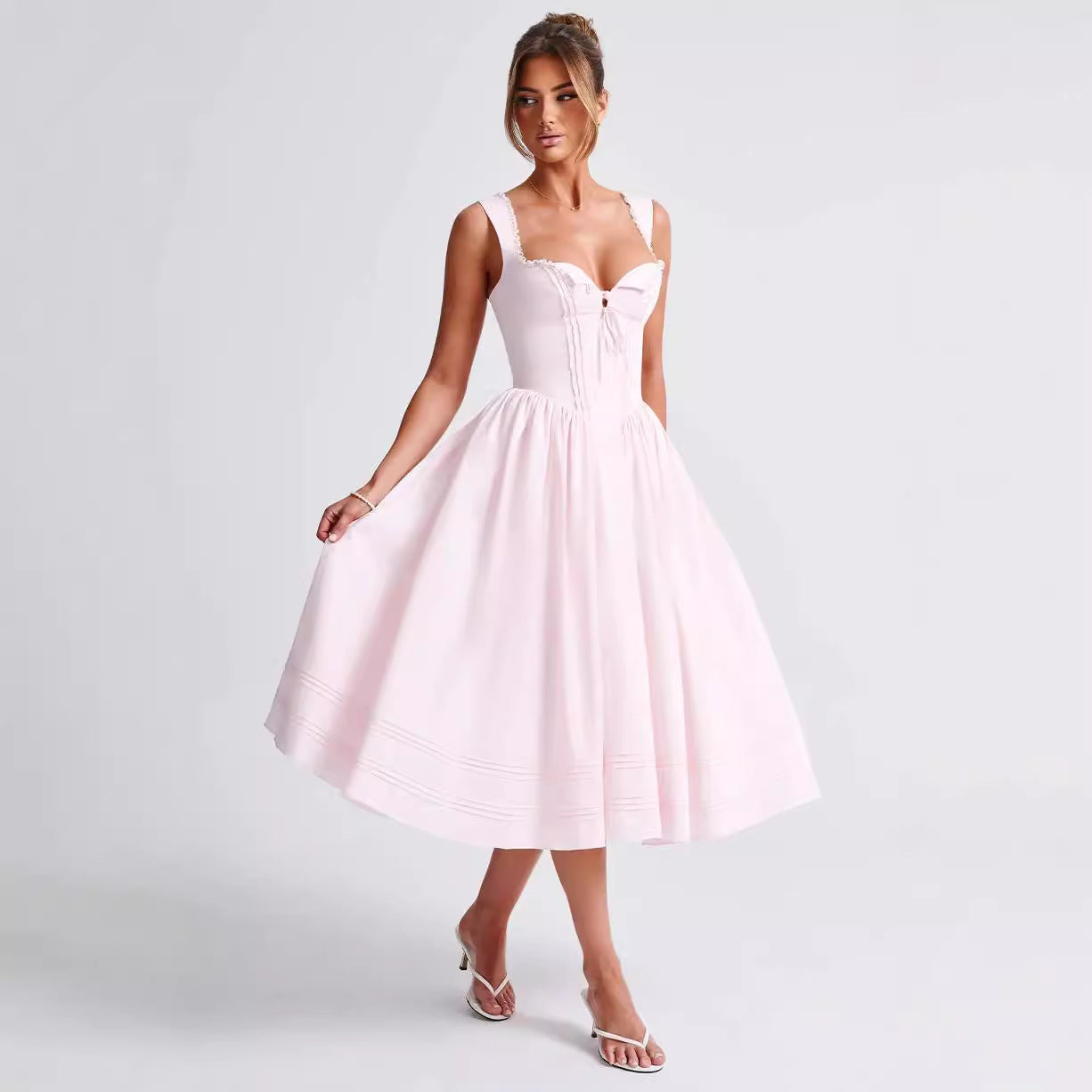 Lace Patchwork Strap Slim Low Back Puffy A-line Dress 3