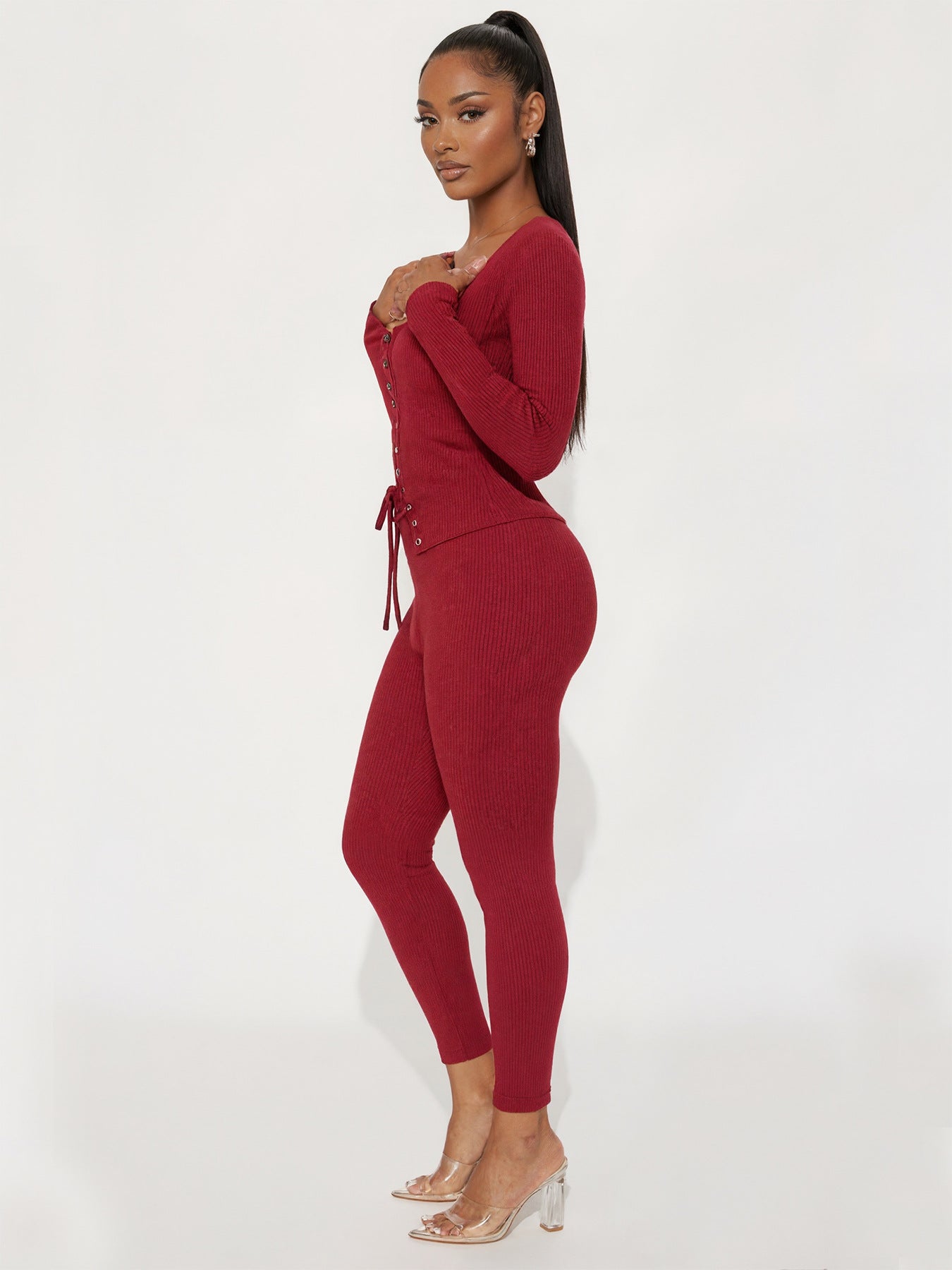 Women's Autumn Lace-Up Long Sleeve Solid Two-Piece Pants Set 5