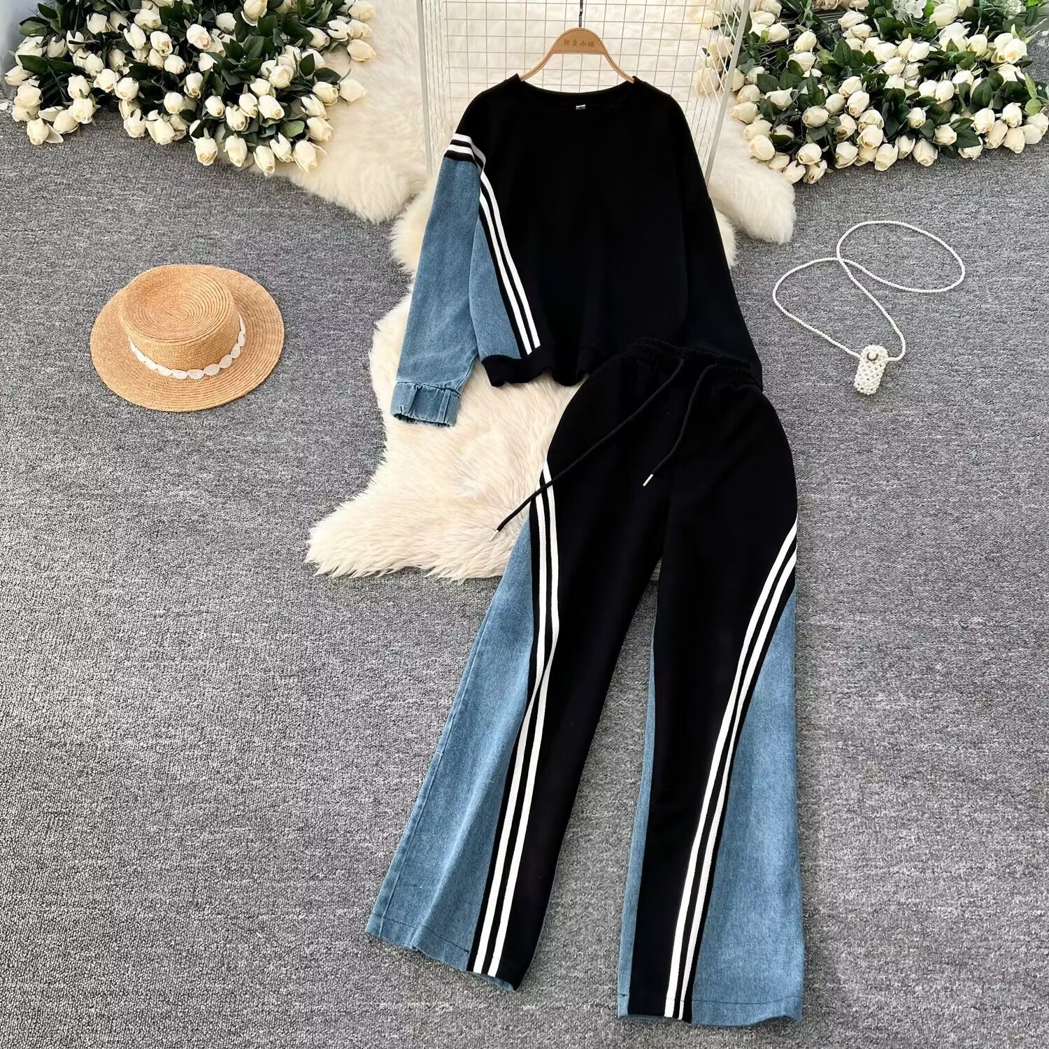 Casual Sports Autumn Loose Round Neck Top High Waist Denim Patchwork Trousers Two Piece Set 6