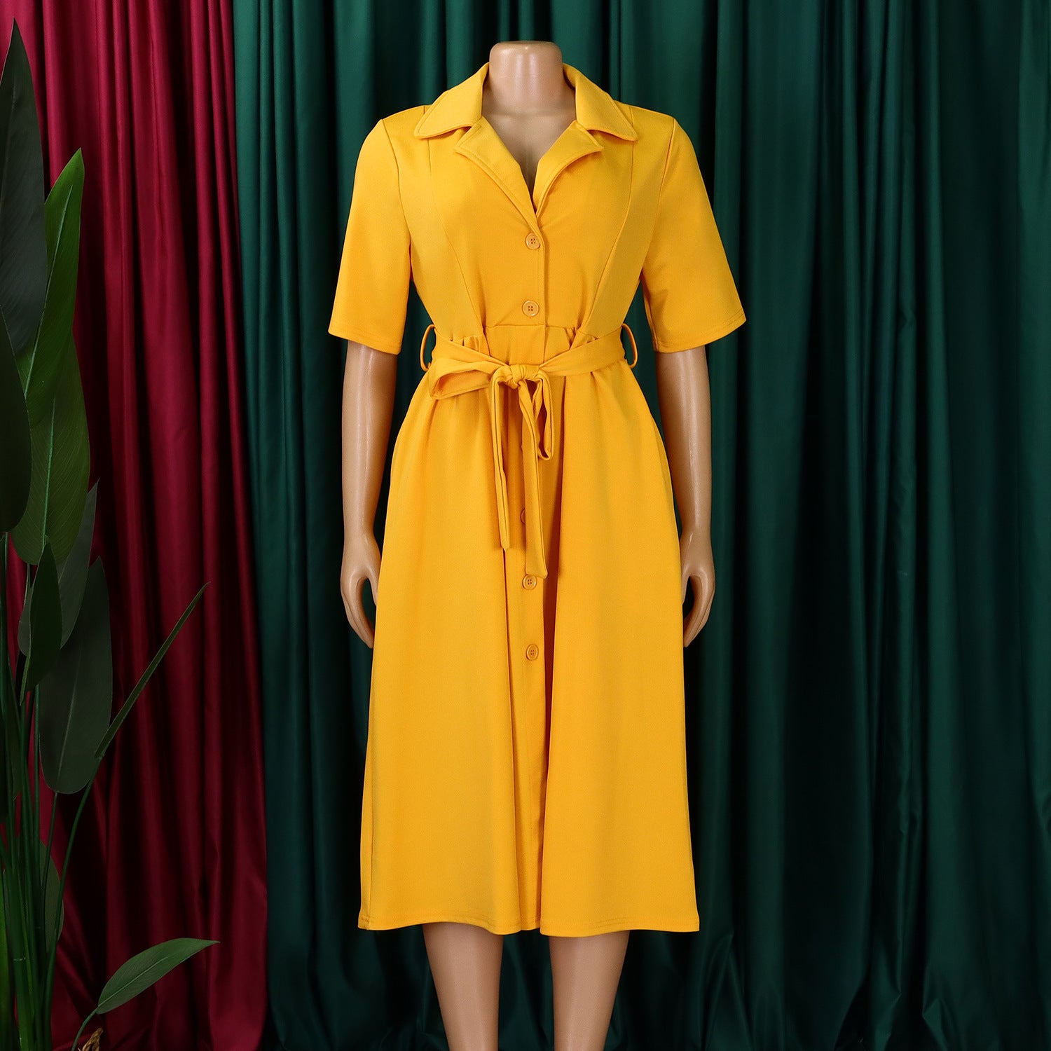 Plus Size Women Summer Short Sleeve Turndown Collar Lace-Up Solid African Dress 26