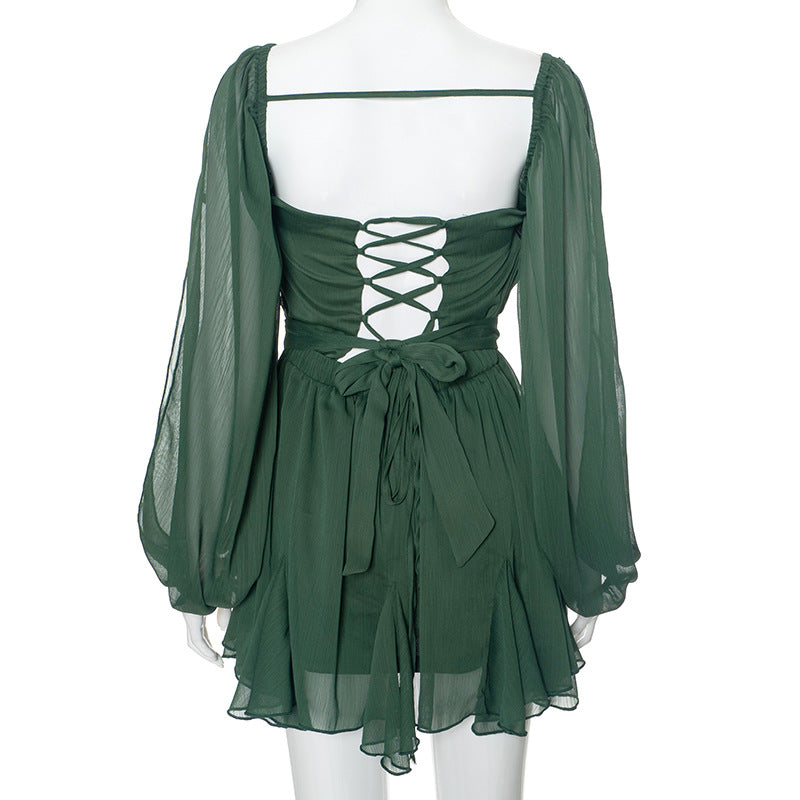 Women Summer Solid Casual Mesh Long Sleeve Lace-Up Backless Mini Dress 16