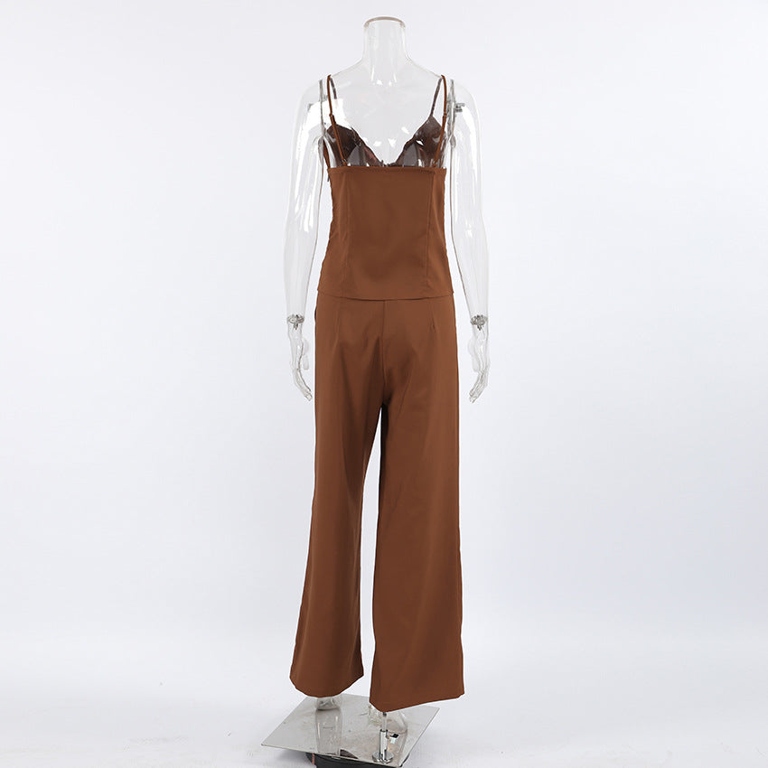 Women Brown Sleeveless Suspender V-Neck Slit Tank Top Long Pants Two-piece Set 7