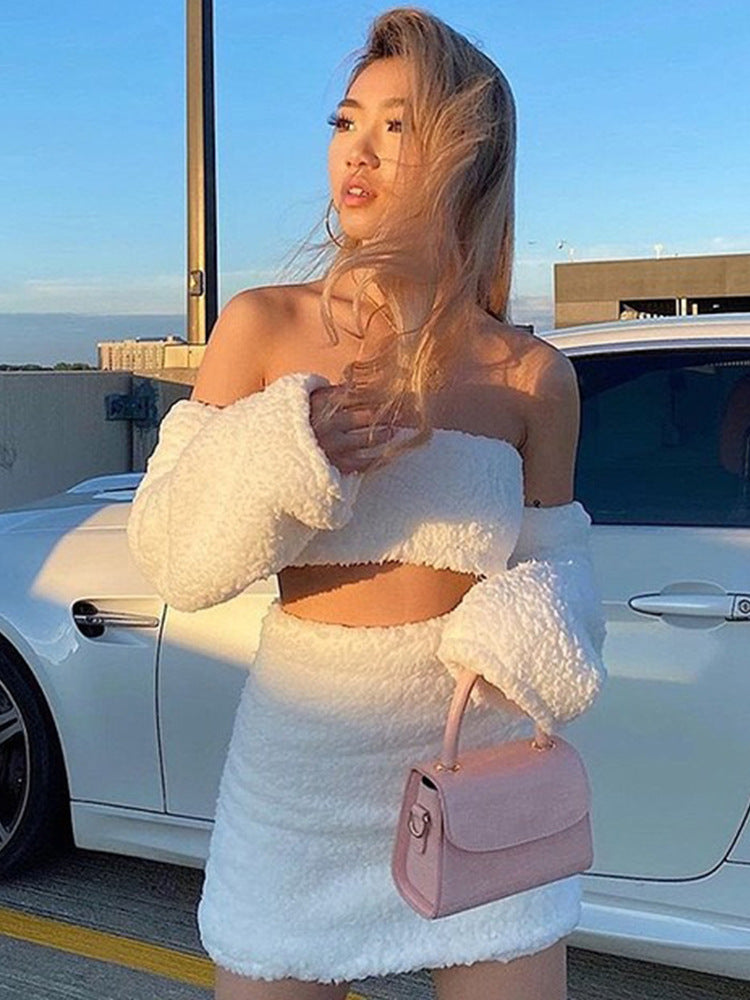 Autumn And Winter Plush Wrap Top And Mini Skirt Two Piece Set 5