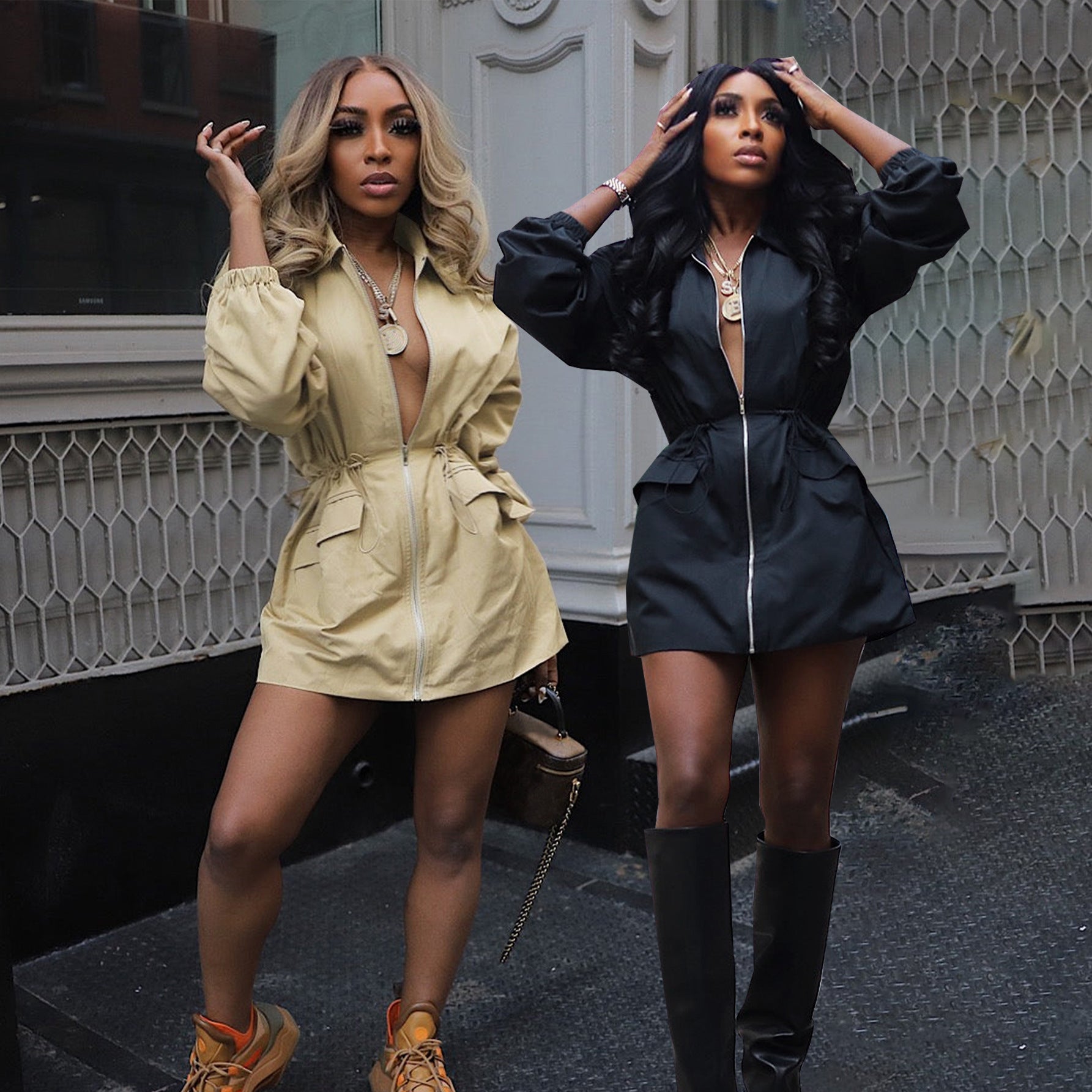 Spring Autumn drawstring Slim Waist fashion loose Casual Cargo dress 6