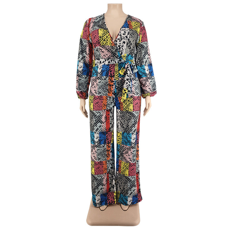 Plus Size Women Print V-neck Long Sleeve Jumpsuit 4