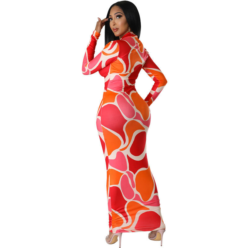 Women Long Sleeve Printed Bodycon Maxi Dress 7