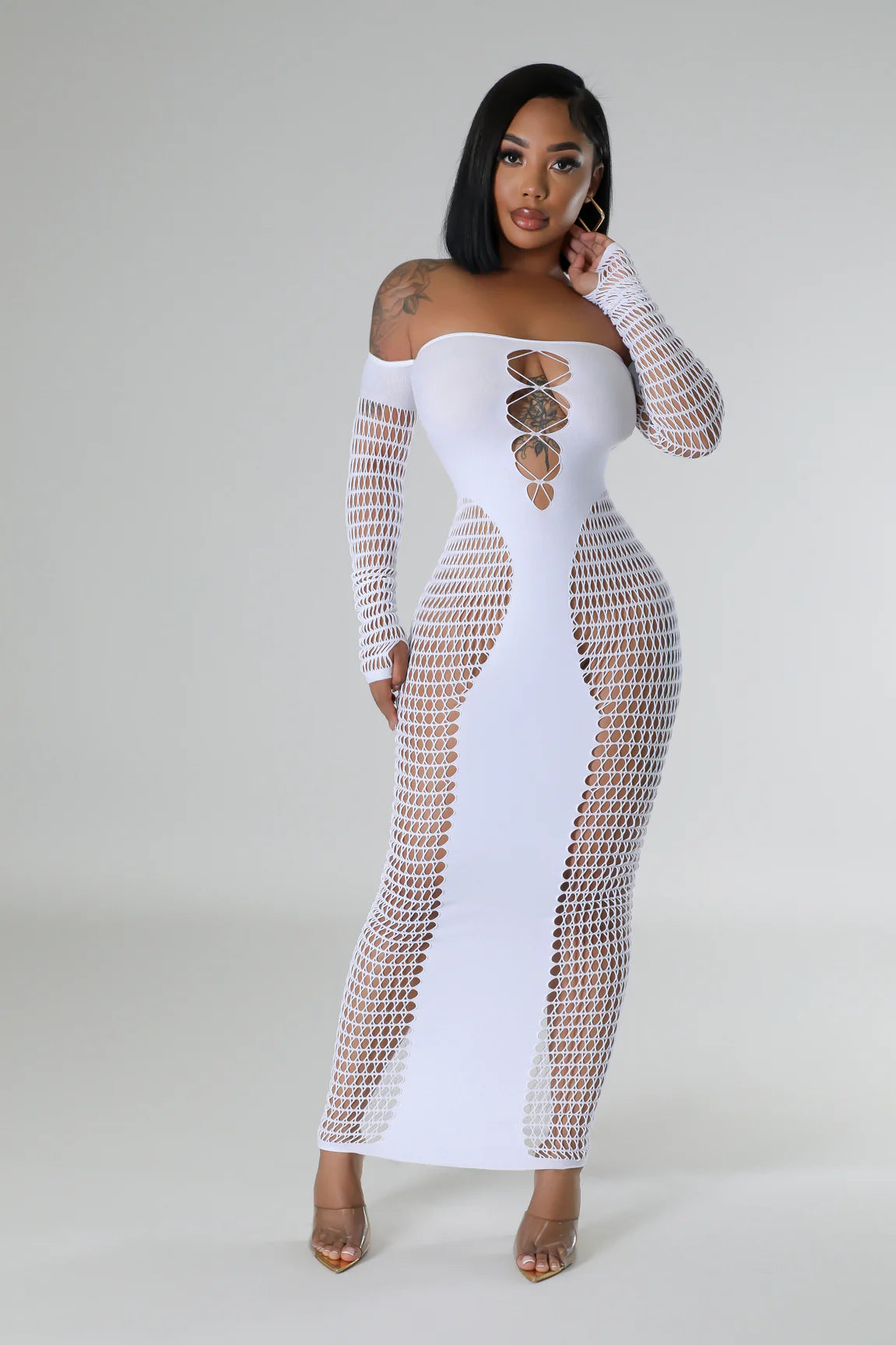 Off Shoulder Long Sleeve Stretch See Through Sexy Dress 9