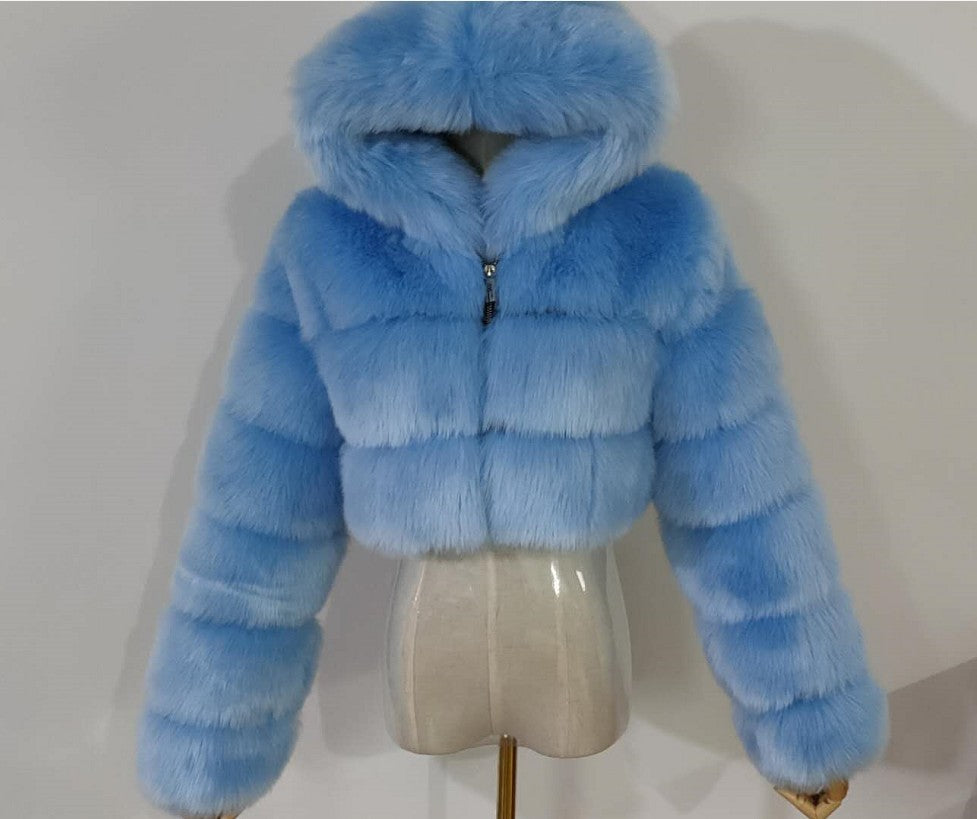 Fur Coat Cropped Hooded Faux Fur Coat Long Sleeve Patchwork Women's Coat 9