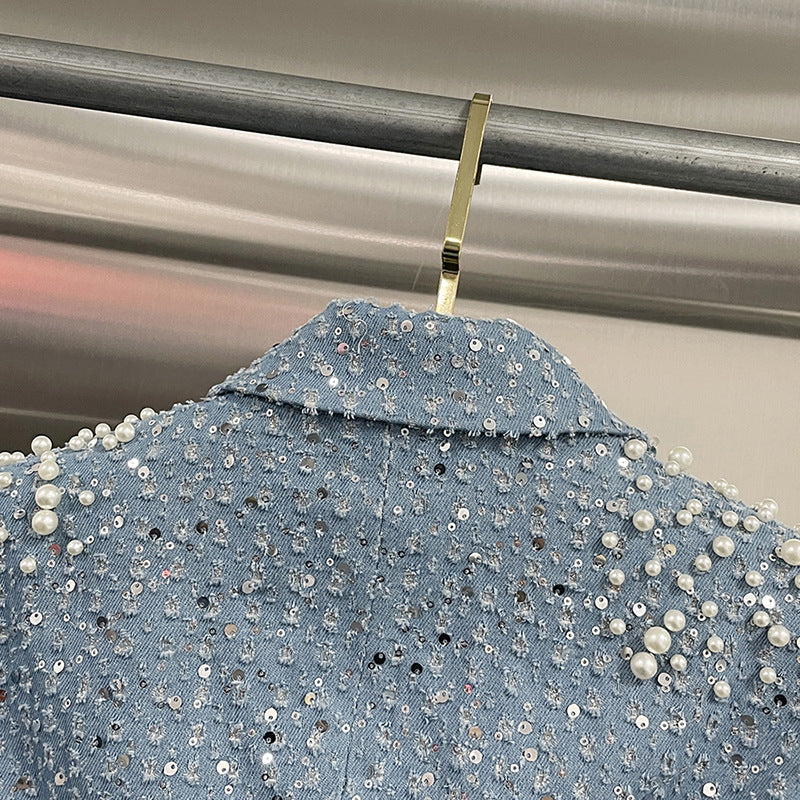 Women Sexy Open Waist Beaded Long Sleeve Blazer Dress 10