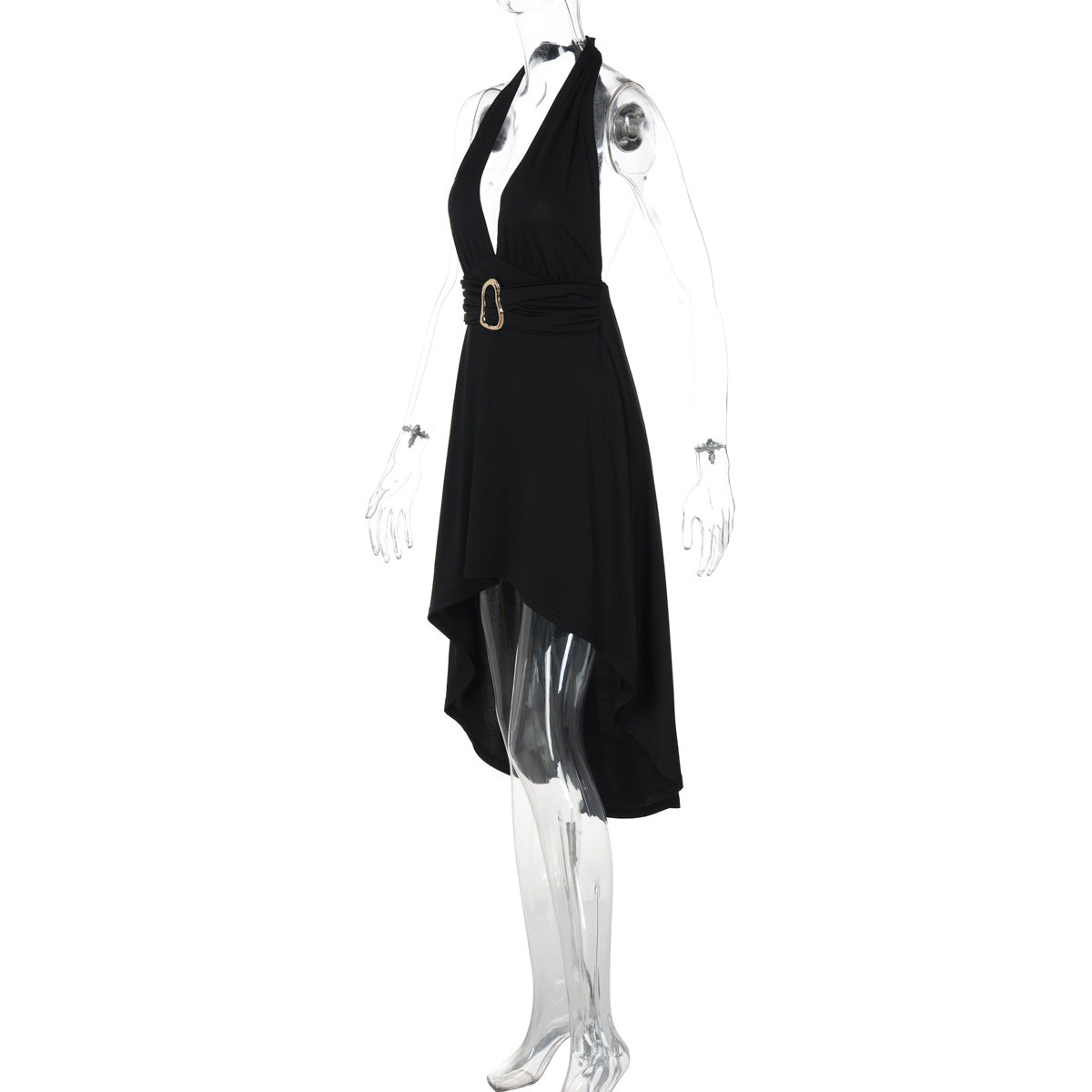 Women's Summer Sexy V-Neck Lace-Up Mid-Waist Metal Buckle Low Back Dress 11