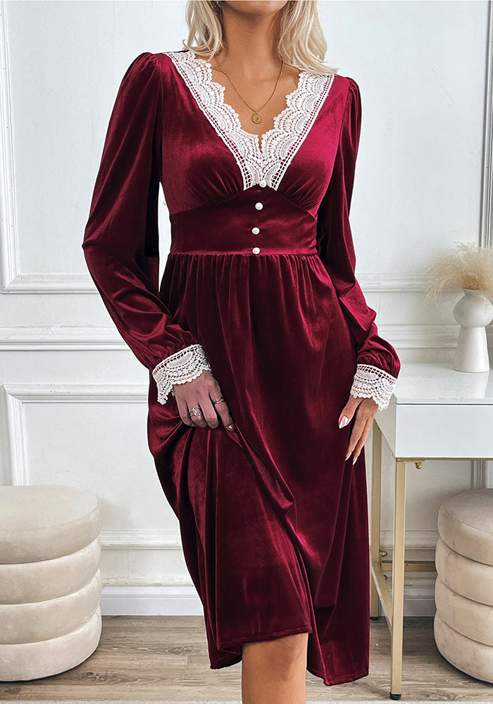 Women's Autumn Winter Contrasting Color Lace Velvet Patchwork Elegant Casual Dress