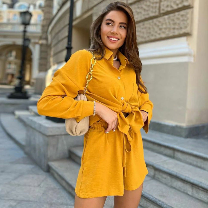 Women Casual Tie-Drawstring Summer Shirt and Shorts Two-Piece Set 8