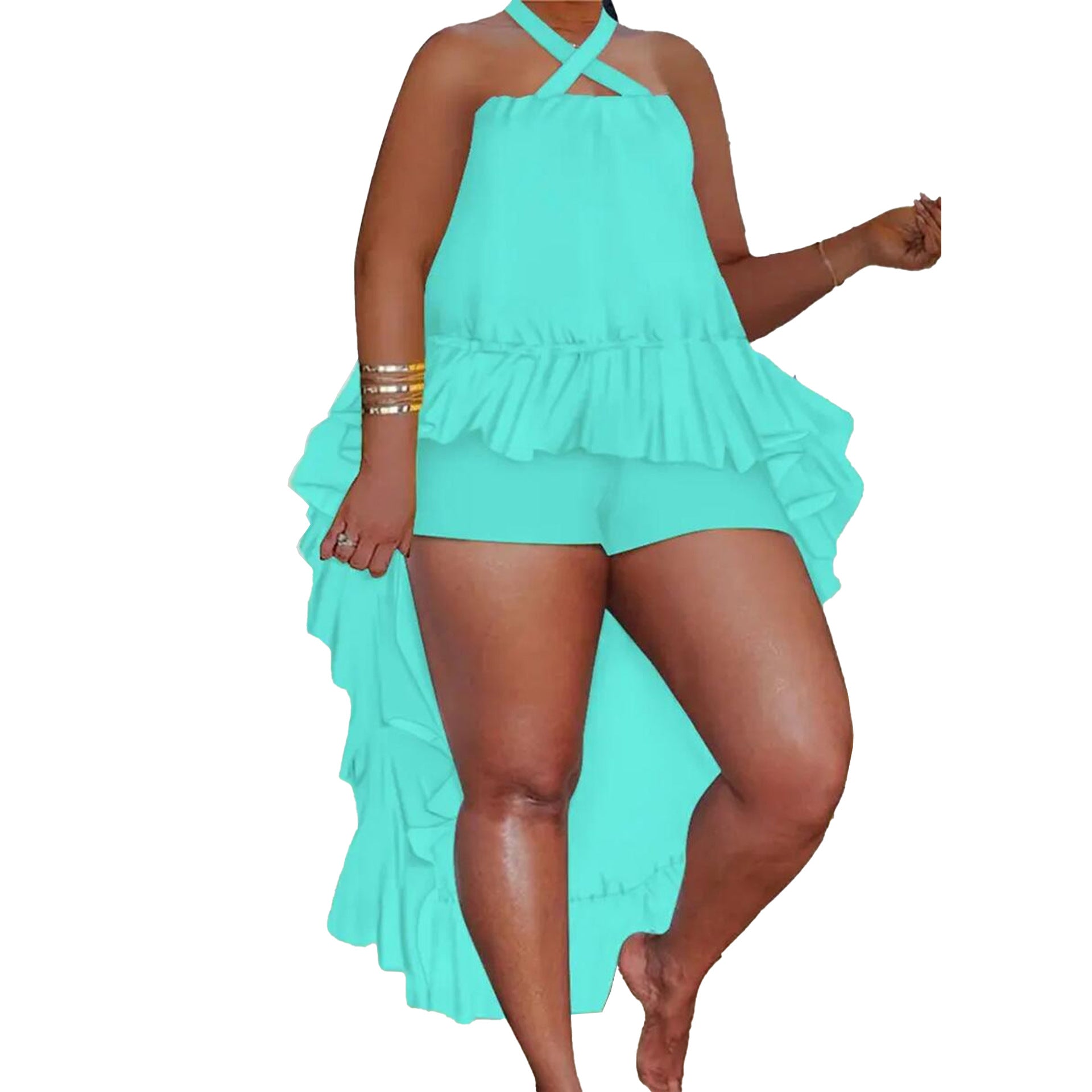 Sexy Slim Solid Color Lace-Up Halter Neck Two-Piece Set 6