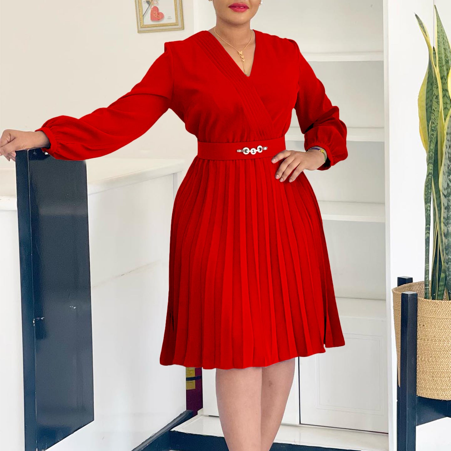 Women Spring V-Neck Pleated African Dress