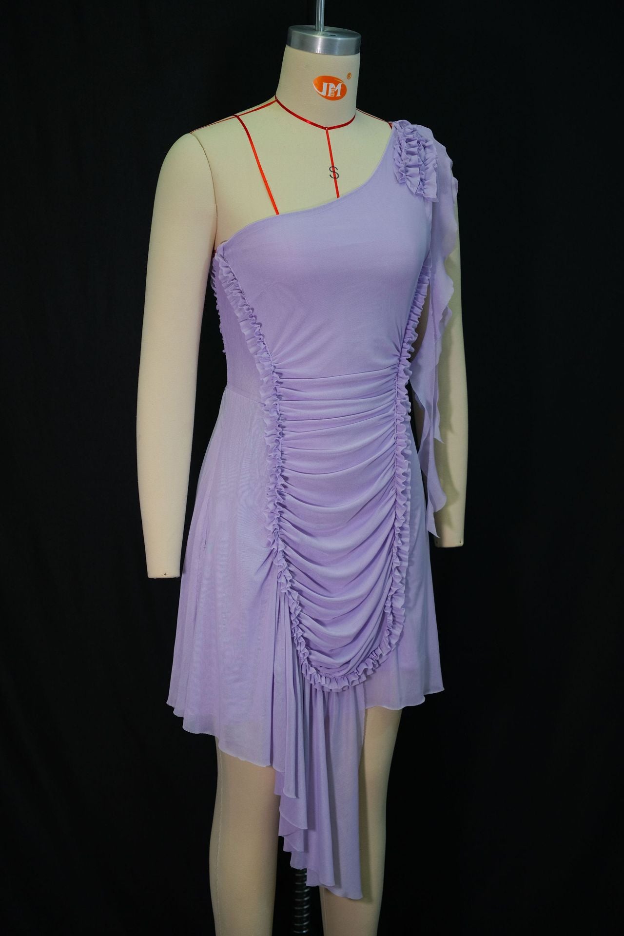 Women's Autumn Fashion One Shoulder Ruffle Hem Asymmetrical Solid Color Dress 7