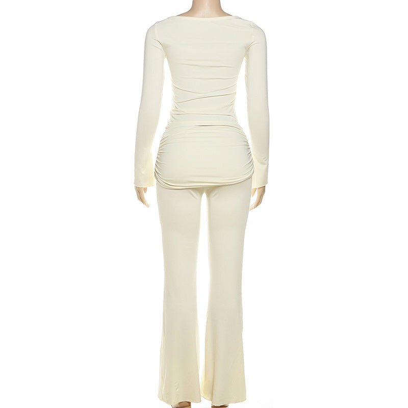 Women Fall Solid V-Neck Buttoned Long-Sleeve T-Shirt and Bell Bottom Two-Piece Set 7