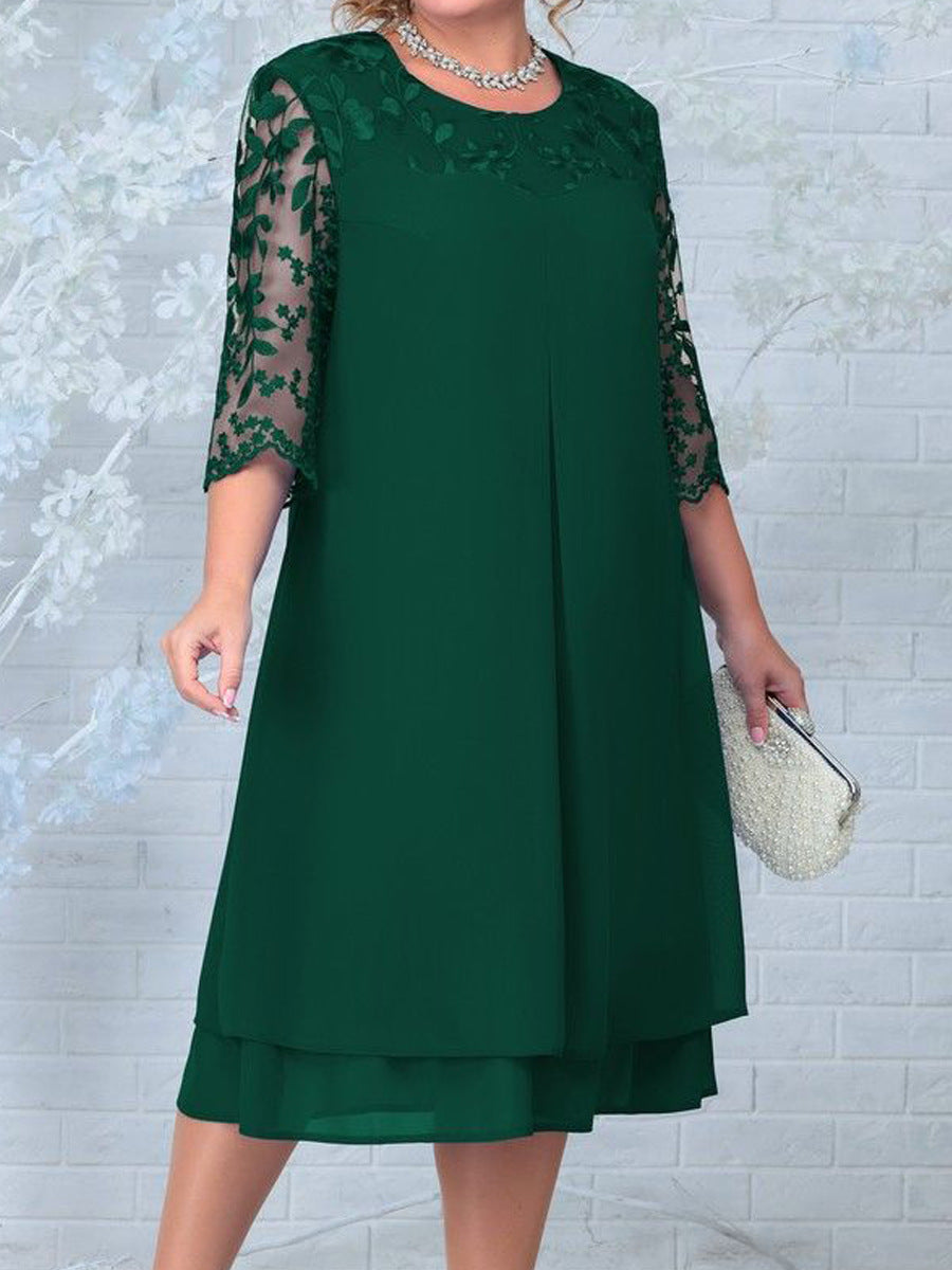 Plus Size Women Embroidered Chiffon Splicing Round Neck Half Sleeve  Casual  Dress 5