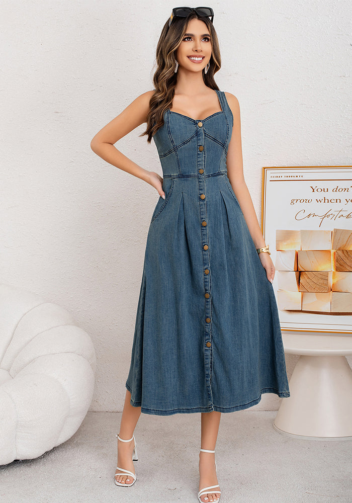 Women Spring/Summer Denim Button Stretchy Slip Dress