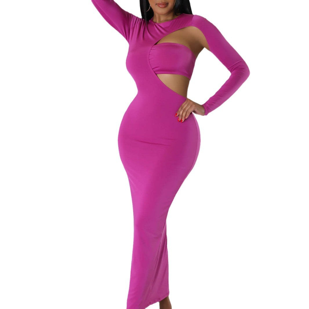 Solid Color Fashion Sexy Low Back Irregular Long-Sleeved Dress Strapless Top Two-Piece Set Women's Clothing 7