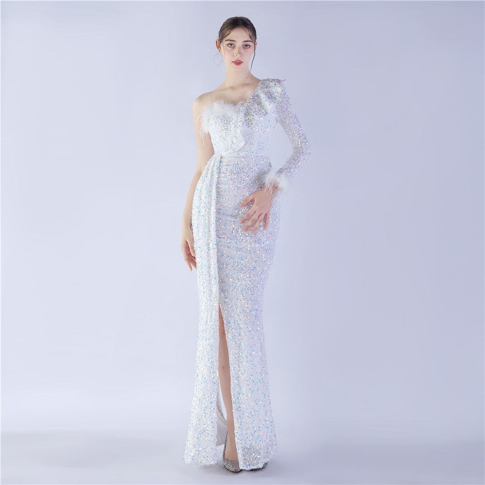Sexy Slash Shoulder Feather Ruffle Long Sleeve Side Slit Sequin Evening Dress 7