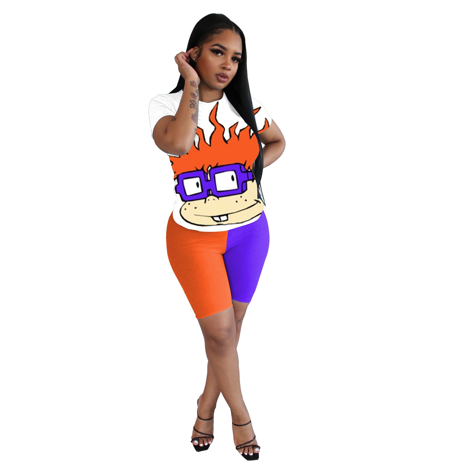 Women's Cartoon Printed Contrast Color Two Piece Fashion T-Shirt Shorts Set 11
