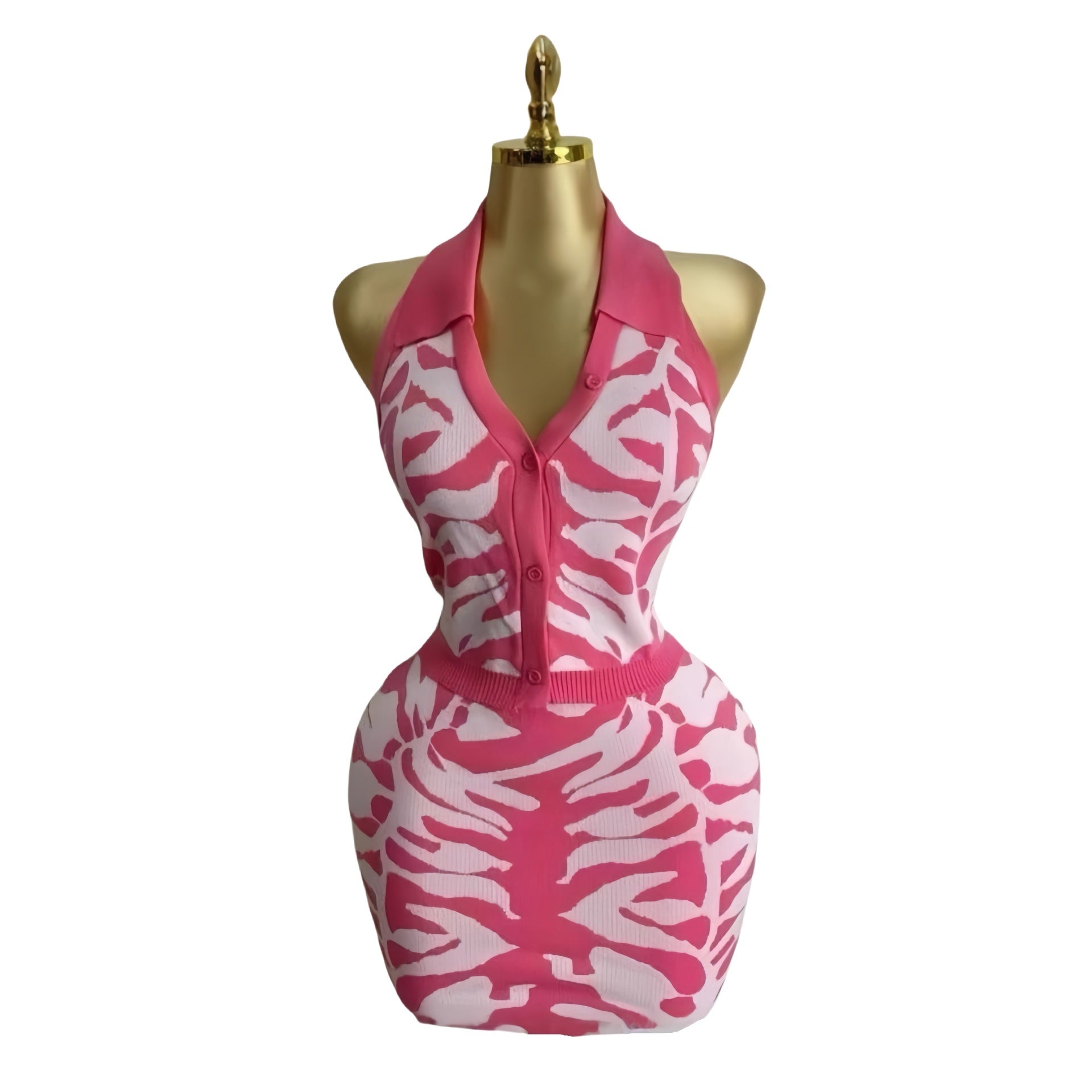 Women tiger print V-neck Halter neck backless top and bodycon skirt two-piece set 11