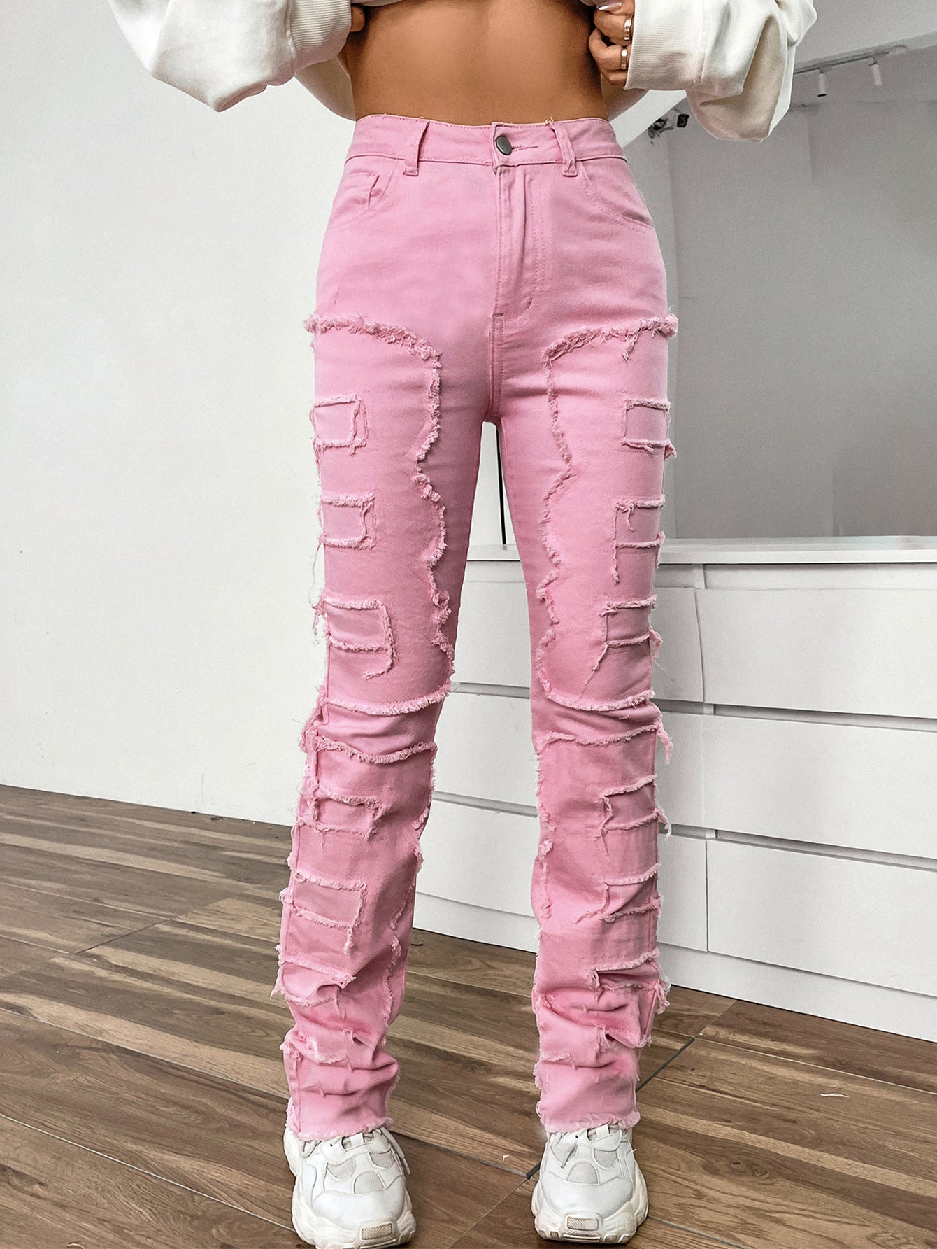 Women's Denim Embroidered Straight Pants Fashionable Patch Jeans 8