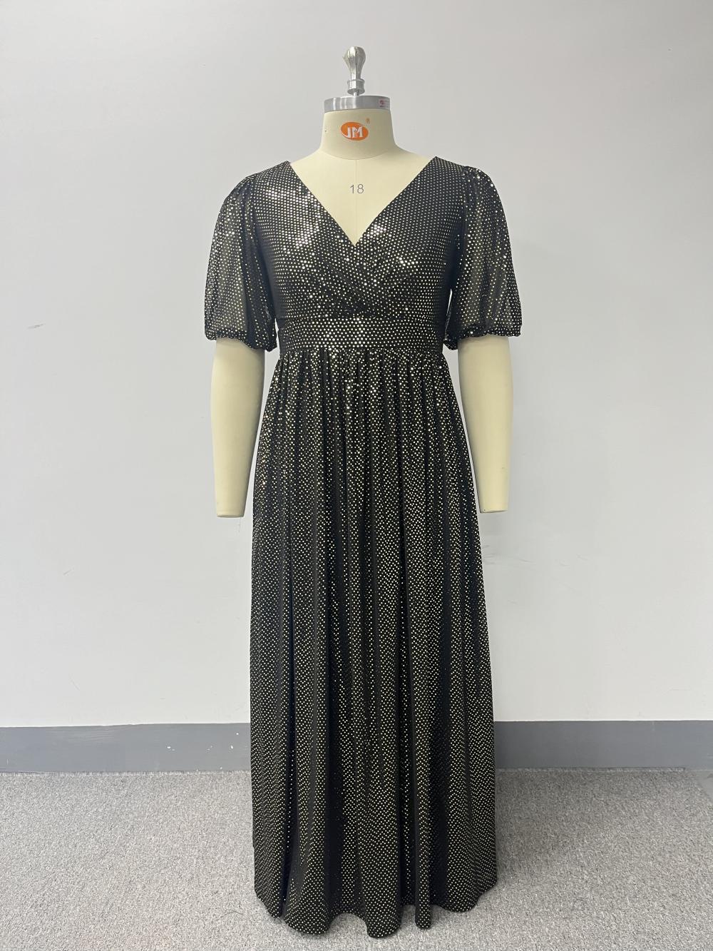 Plus-Size Glitter V-Neck Patchwork Short-Sleeve A-Line Fully Lined Evening Dress 9