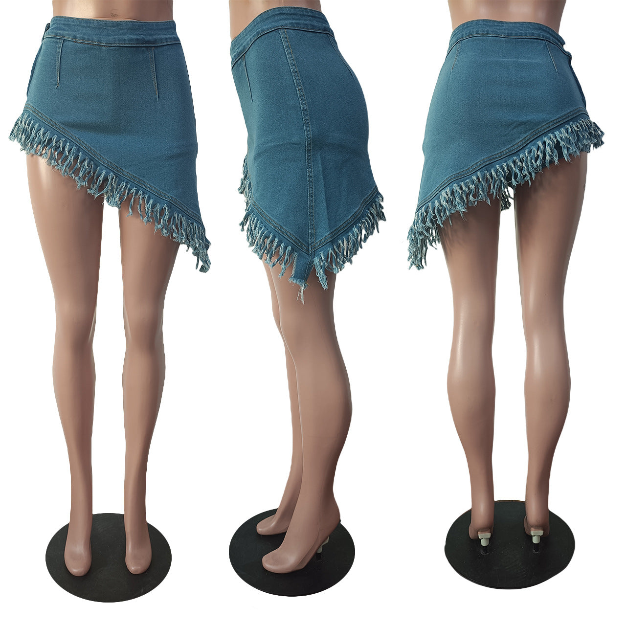 Women Denim Stretch Diagonal Apron Fringed Shorts 12