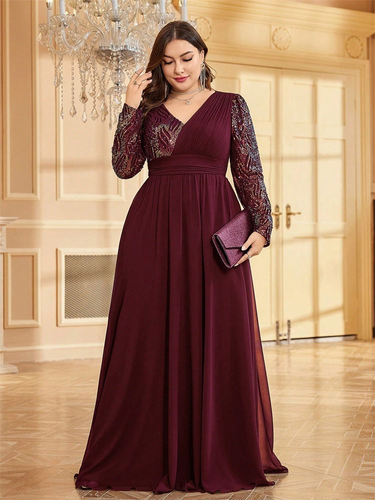 Plus Size Women sequin patchwork formal party fishtail maxi long sleeve evening dress 5