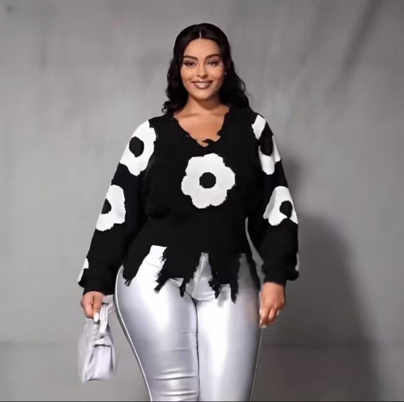 Women Cross Ripped Tassel Dark Long-Sleeved Pullover Knitting Sweater