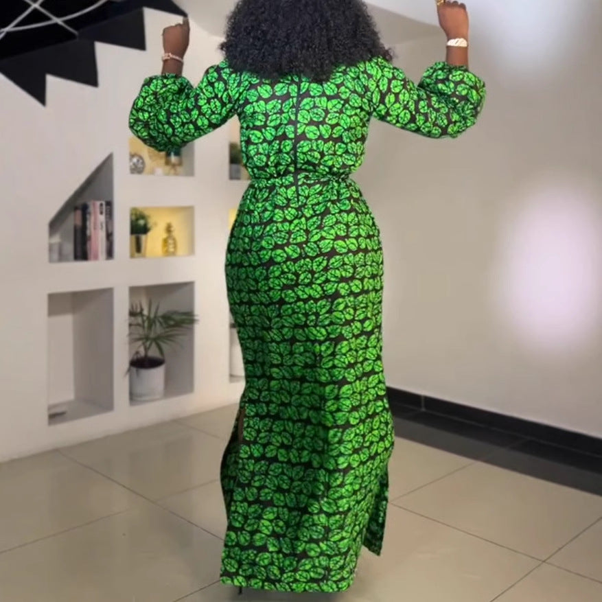 Sexy Print Drawstring Slim Waist Slit Dress 5