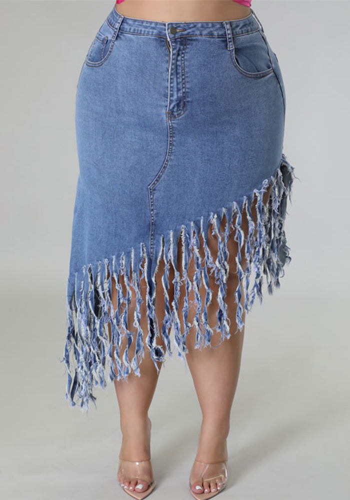 Plus Size Women Fringe Denim Skirt