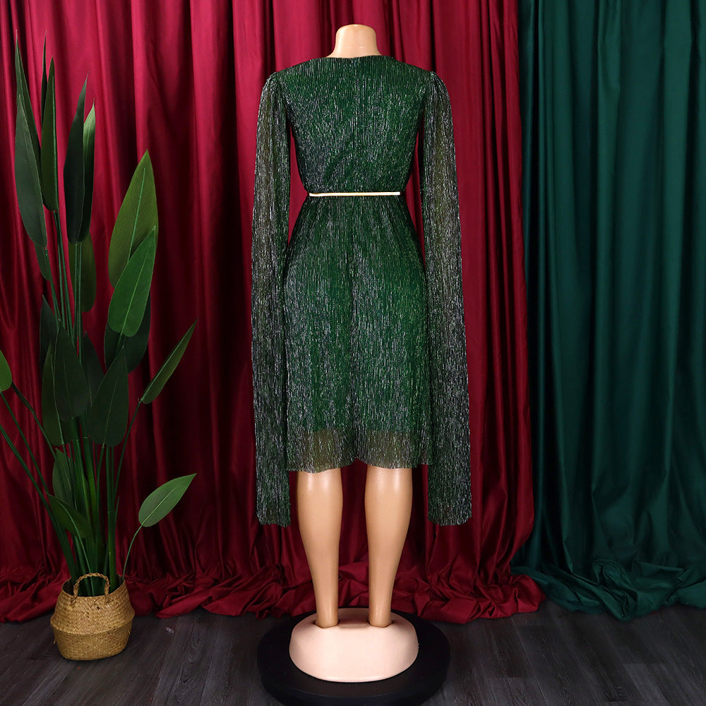 Belted V-Neck Chic Long Sleeve Cape Slim Waist Gown Dress 11