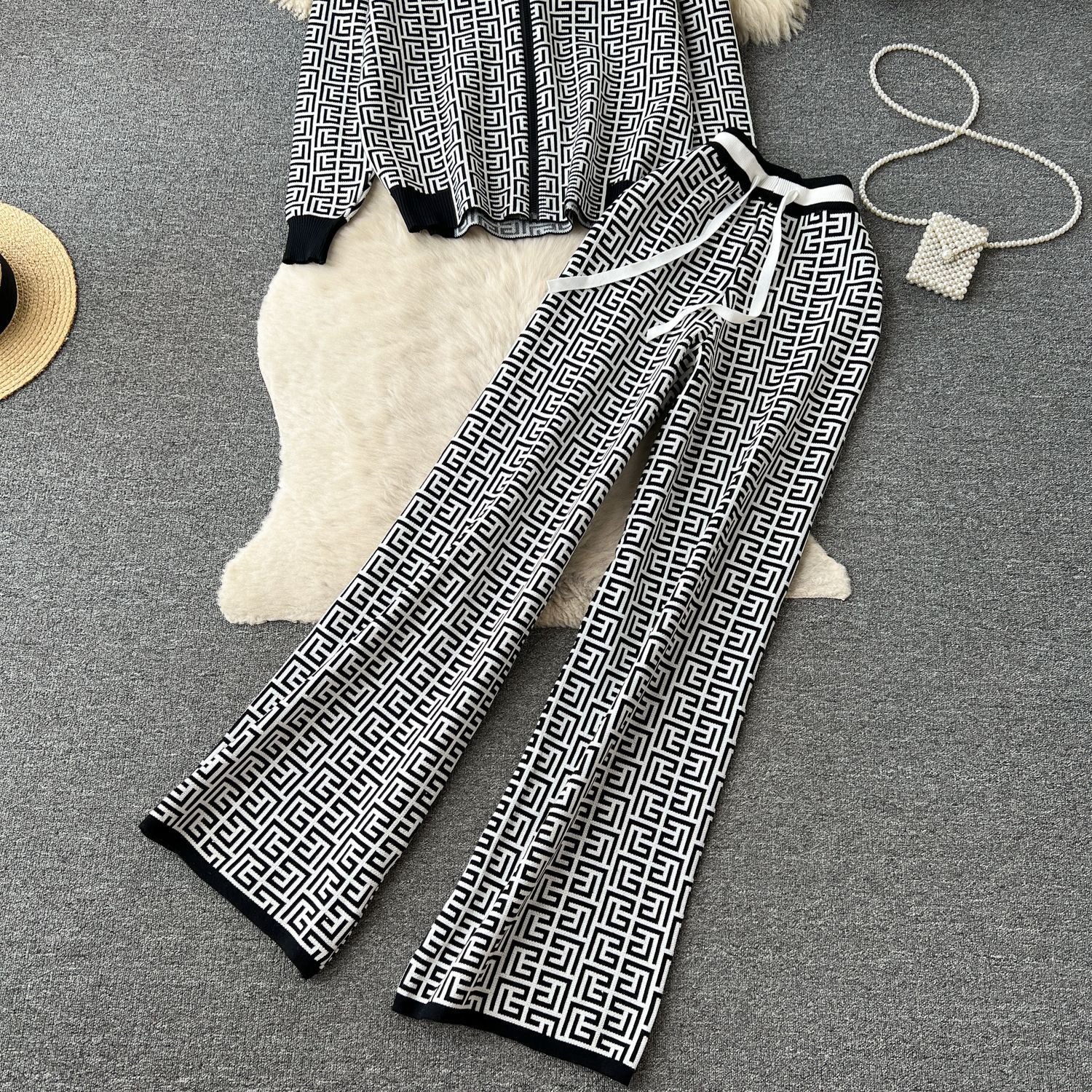 Women Casual Printed Long Sleeve Hooded Knitting Top + Wide Leg Pants Two-Piece Set 6