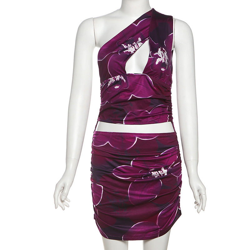 Summer Women's Sexy Slash-Shoulder Flower Print Holoow Fake Two-Piece Bodycon Mini Dress 4