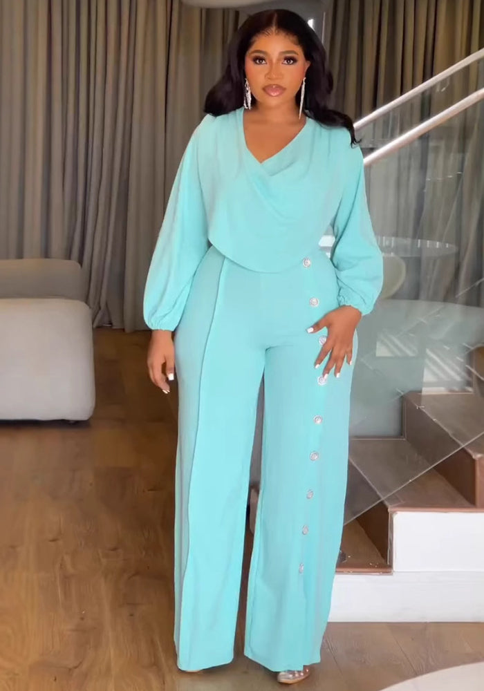 Sexy Lantern Sleeve Slim Waist Button Decoration Wide Leg Jumpsuit