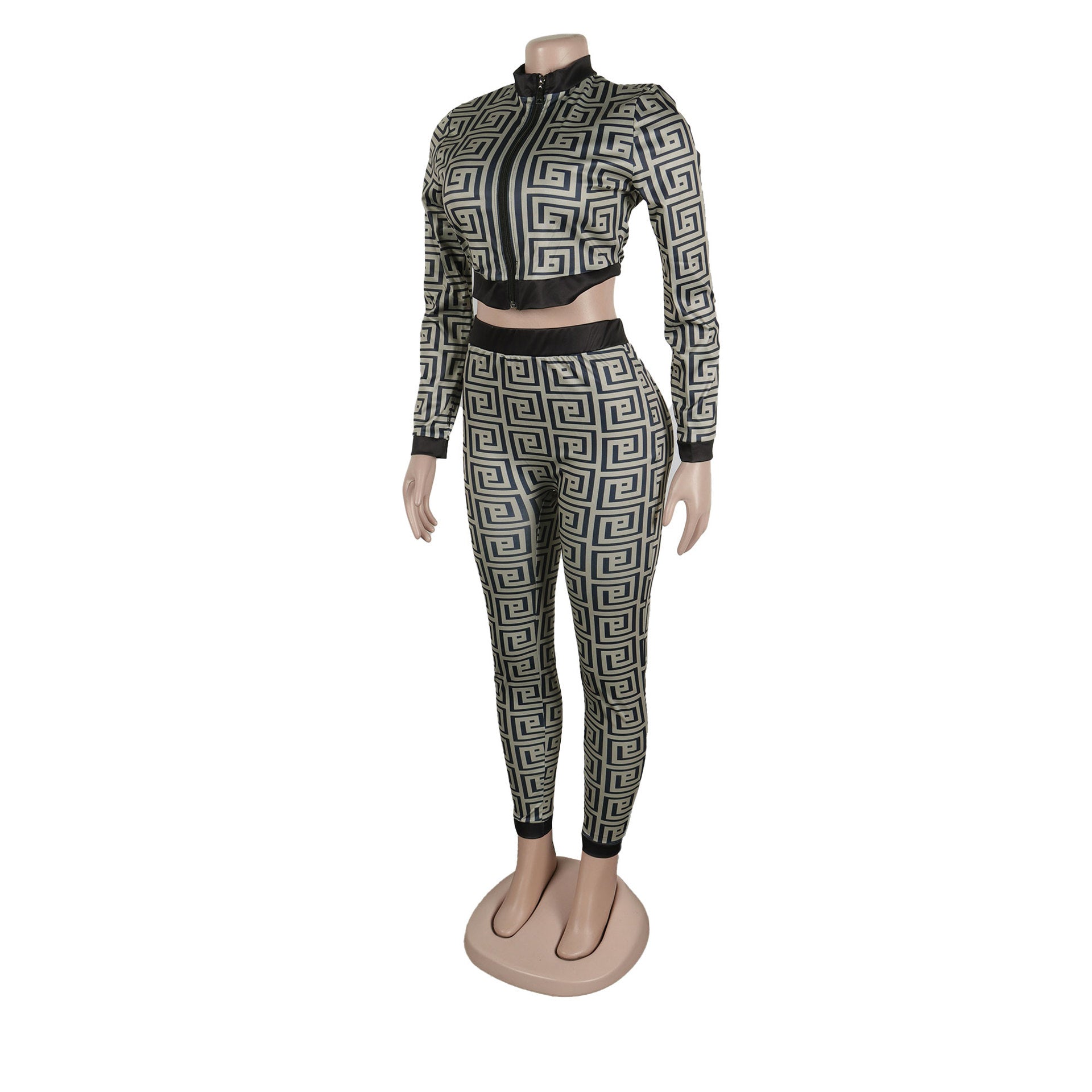 Women Sexy Printed Stretch Long Sleeve Top and Pant Two-piece Set 13