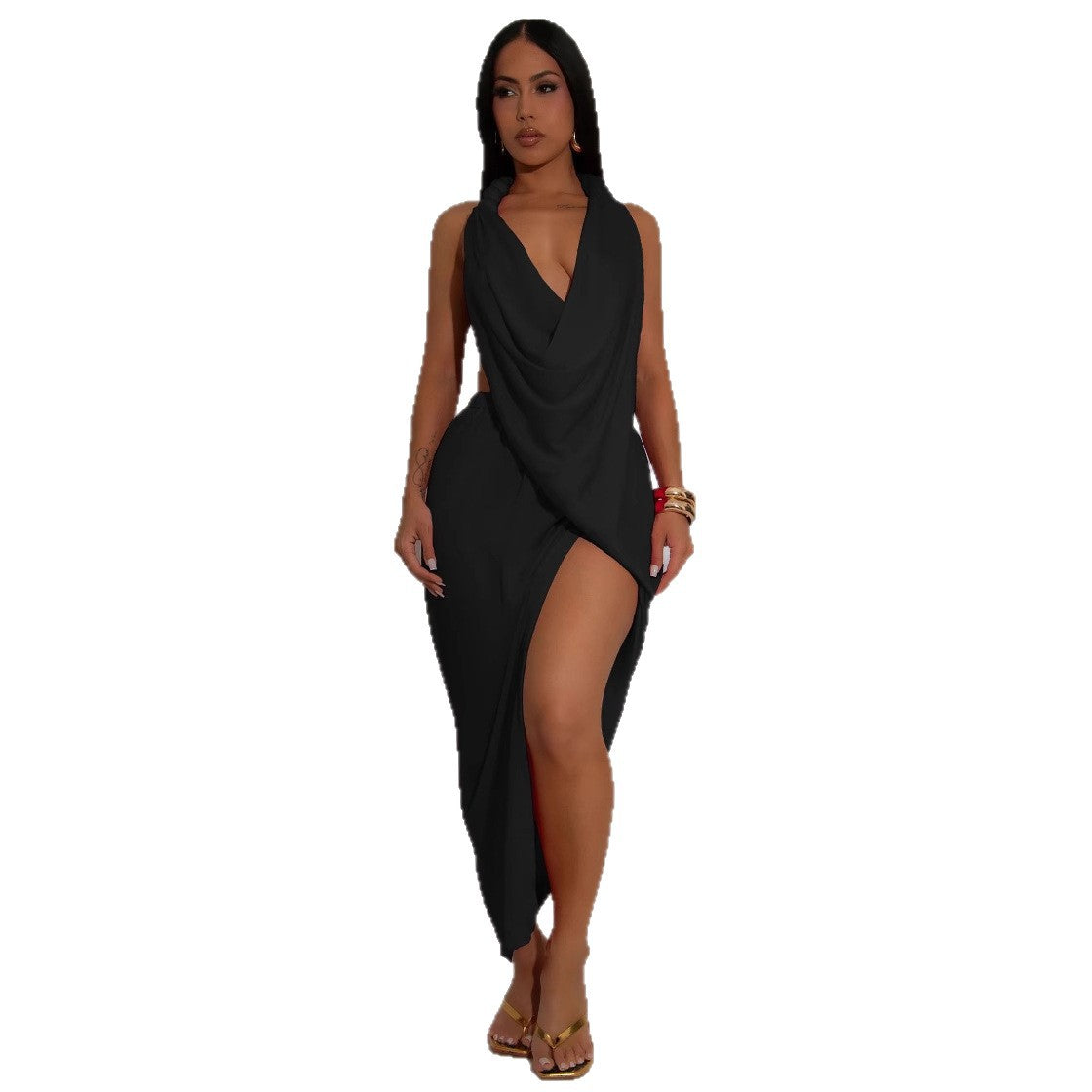 Women V Neck beaded Halter Neck sexy slit Solid pleated dress 9