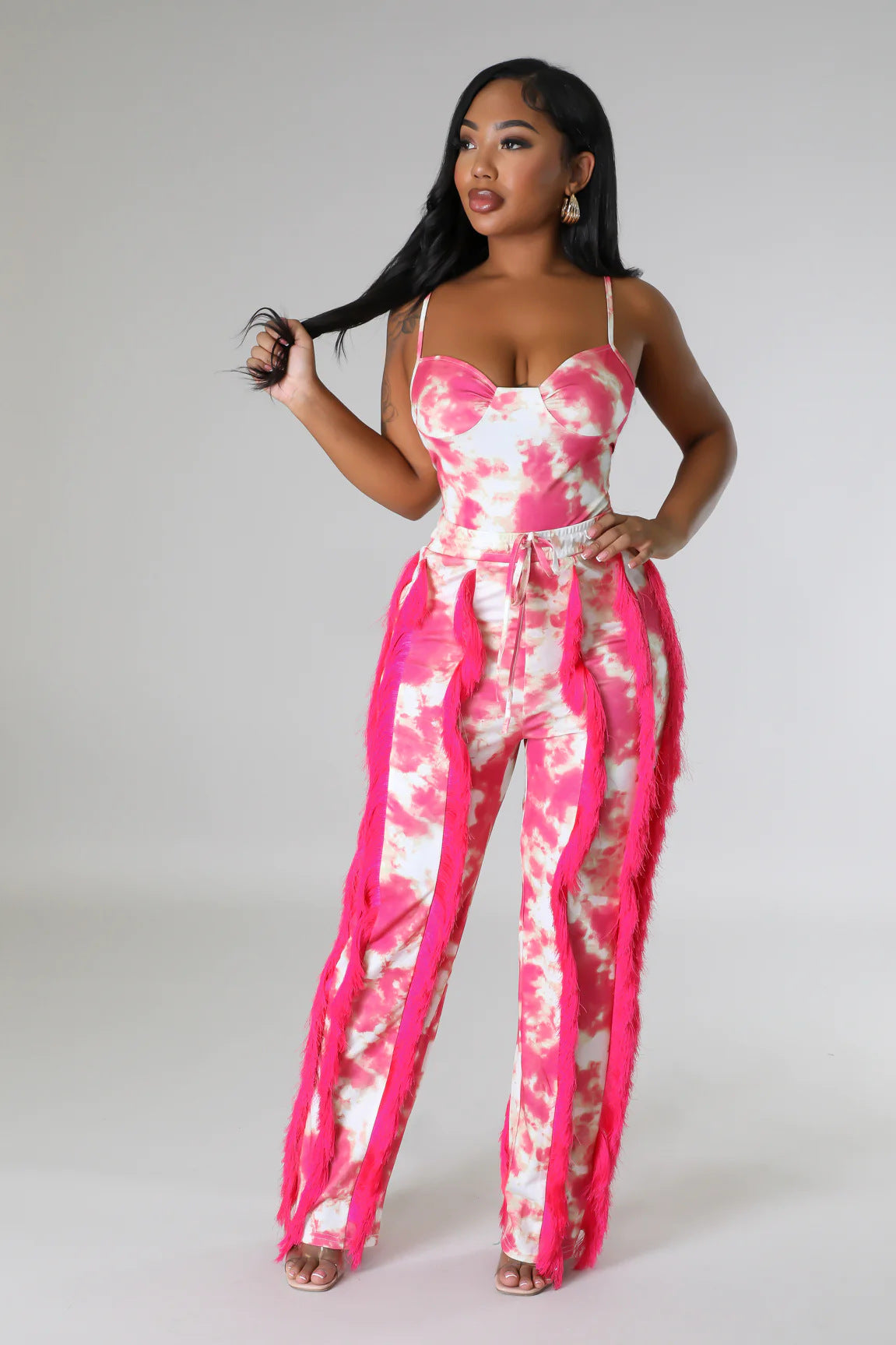 Women's Two-piece Pants V-Neck One-Piece bodysuit Top Sexy Tie-Dye Tassel Trousers Set