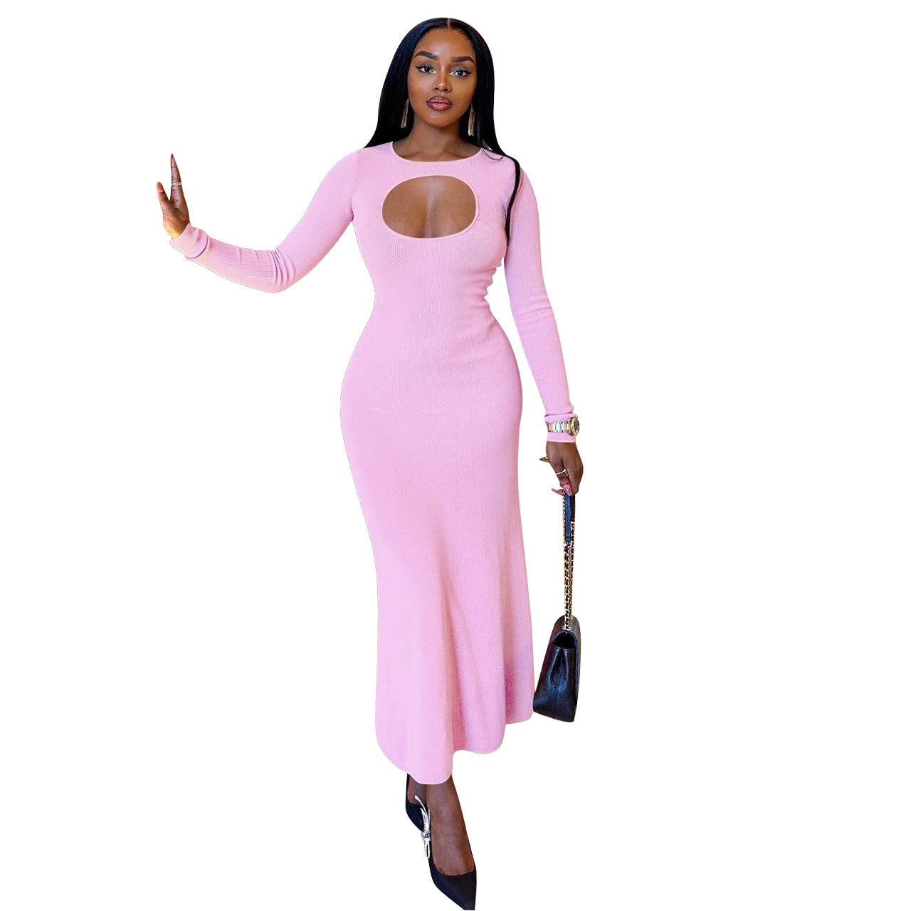 Women's Clothing Sexy Fashion Keyhole Solid Long Sleeve Dress Women's Clothing 9