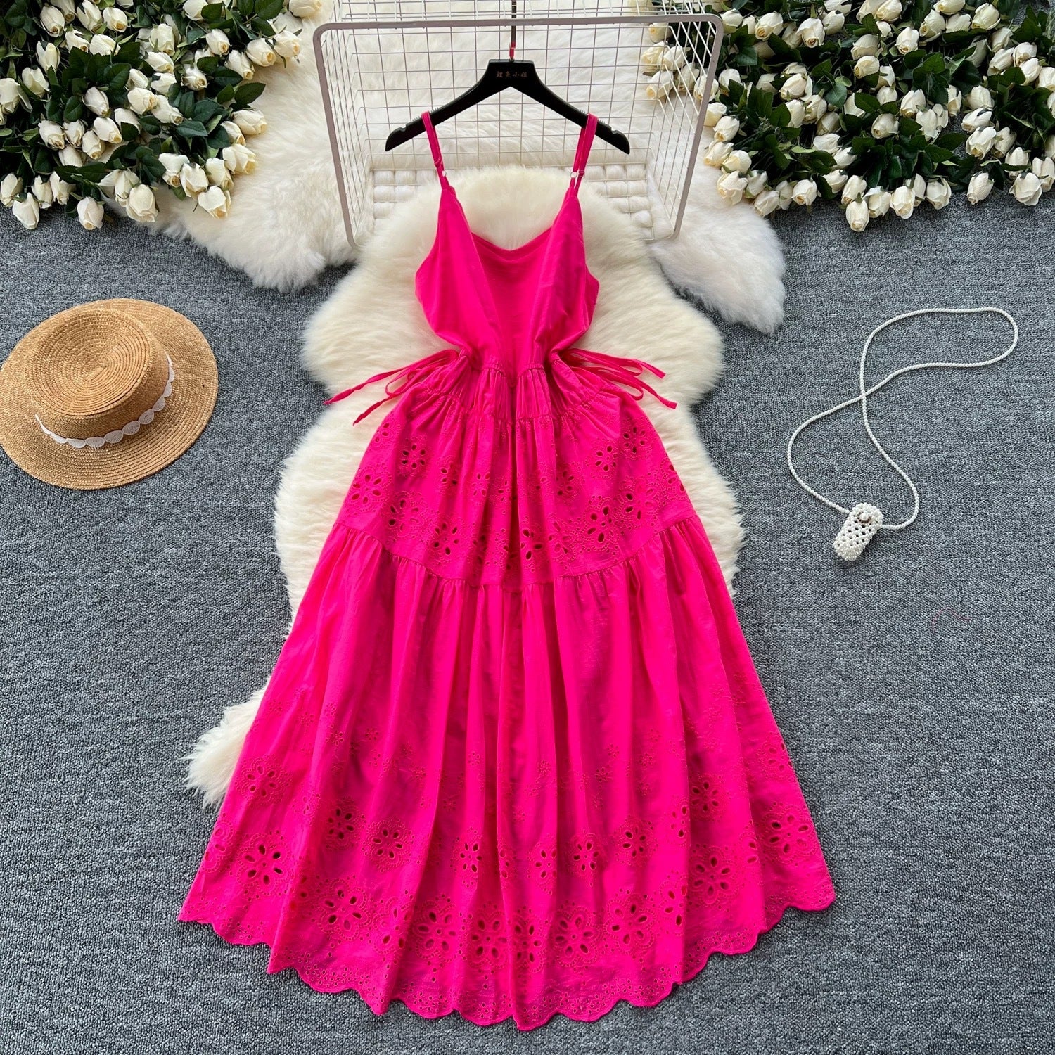 Women Summer Lace-Up Cutout Embroidery Holidays Strappy Dress 12